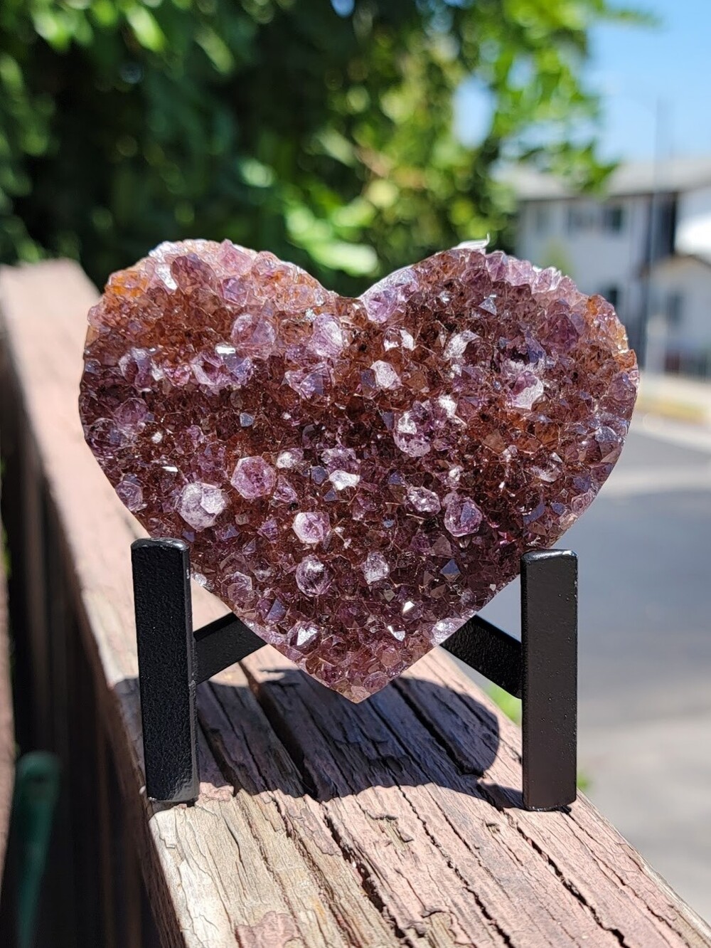 NEW 4" x 3.5" x 1.33" AMETHYST HEART WITH CACOXENITE & GOETHITE